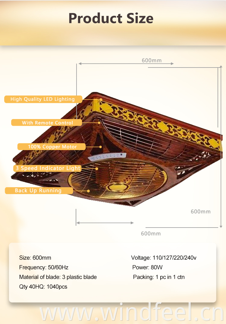 60X60 Wooden color luxury ceiling box fan with 3 colors led light fan to Saudi Dubai